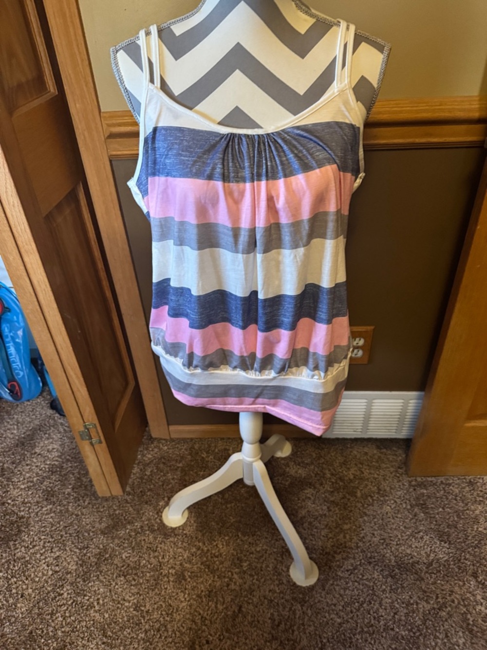 SHEIN Pink, Gray and White Striped Sleeveless Tank